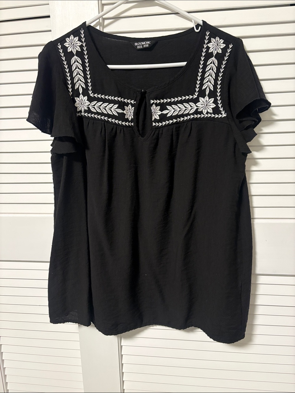 bloom Black Short Flutter Sleeve Top with White Embroidery